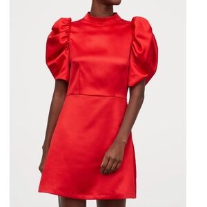 H&M Red Puff Sleeve Satain Shimmer Dress